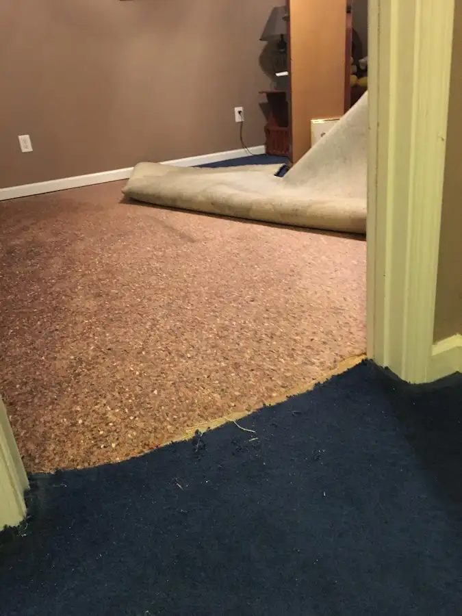 Carpet pad removal revealing water damage during Drying & Dehumidification in Hinesville